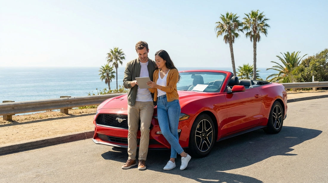 A red convertible car hire drives down the winding Pacific Coast Highway in California on a sunny day