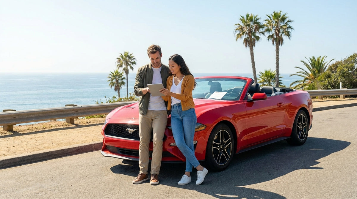 A red convertible car hire drives down the winding Pacific Coast Highway in California on a sunny day