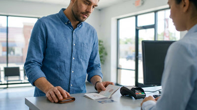 A traveler loads a suitcase into their blue car hire vehicle in a sunny United Estates airport lot