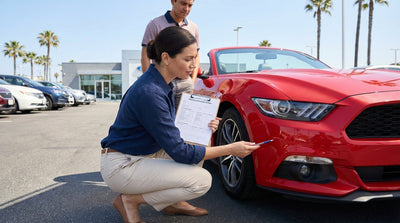 A driver carefully inspects the side of a silver car rental in a sunny California parking lot