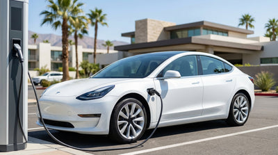 A white electric car rental charging under palm trees at a station in California