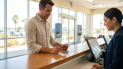A modern car rental driving on a scenic highway through the rolling hills of Texas at sunset