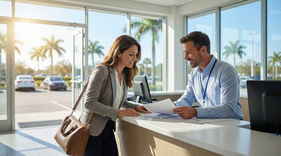A white convertible car hire driving along the scenic Florida Keys Overseas Highway over turquoise water