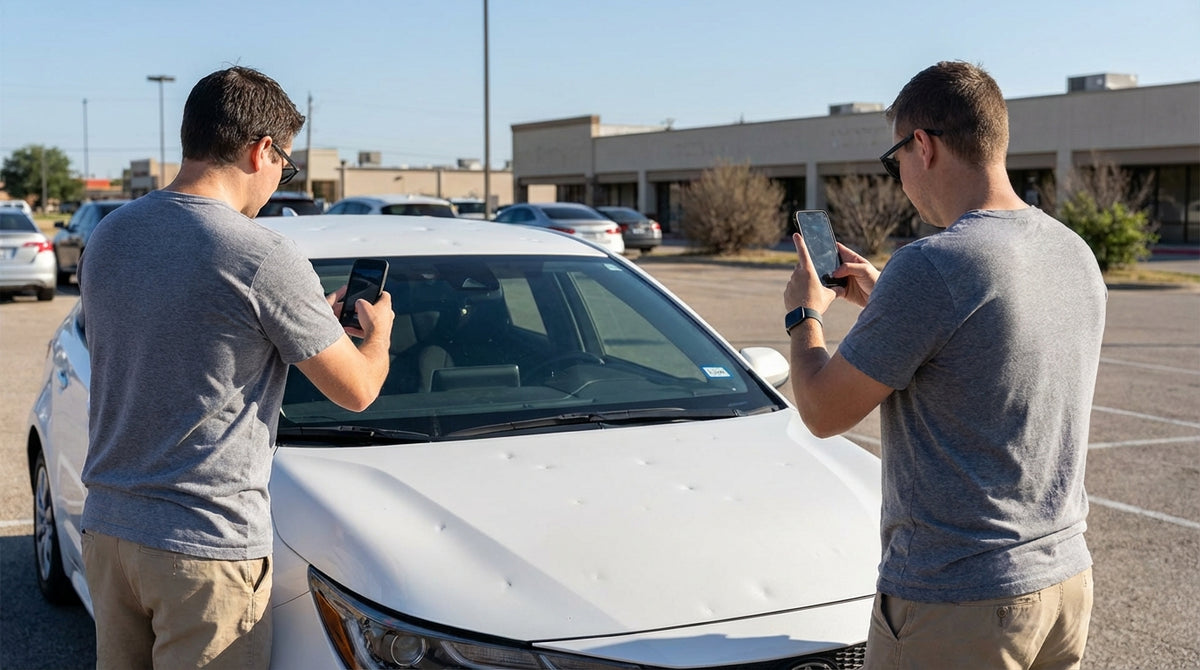 A silver car rental with visible dents on its hood and roof from a large hailstorm in Texas