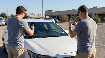 A silver car rental with visible dents on its hood and roof from a large hailstorm in Texas