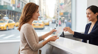 A modern car rental drives down a busy street lined with yellow taxis in New York City