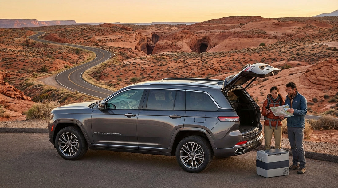 A Las Vegas car hire drives on a highway through the vast desert toward stunning red rock formations