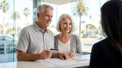 Happy senior couple driving a red convertible car rental along a sunny coastal highway in California