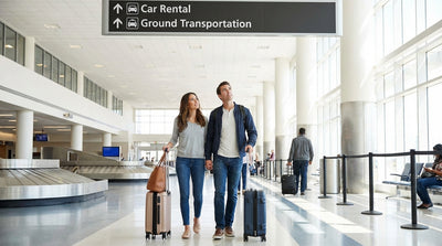 A well-lit car hire center at Philadelphia Airport with travelers waiting at the service counters