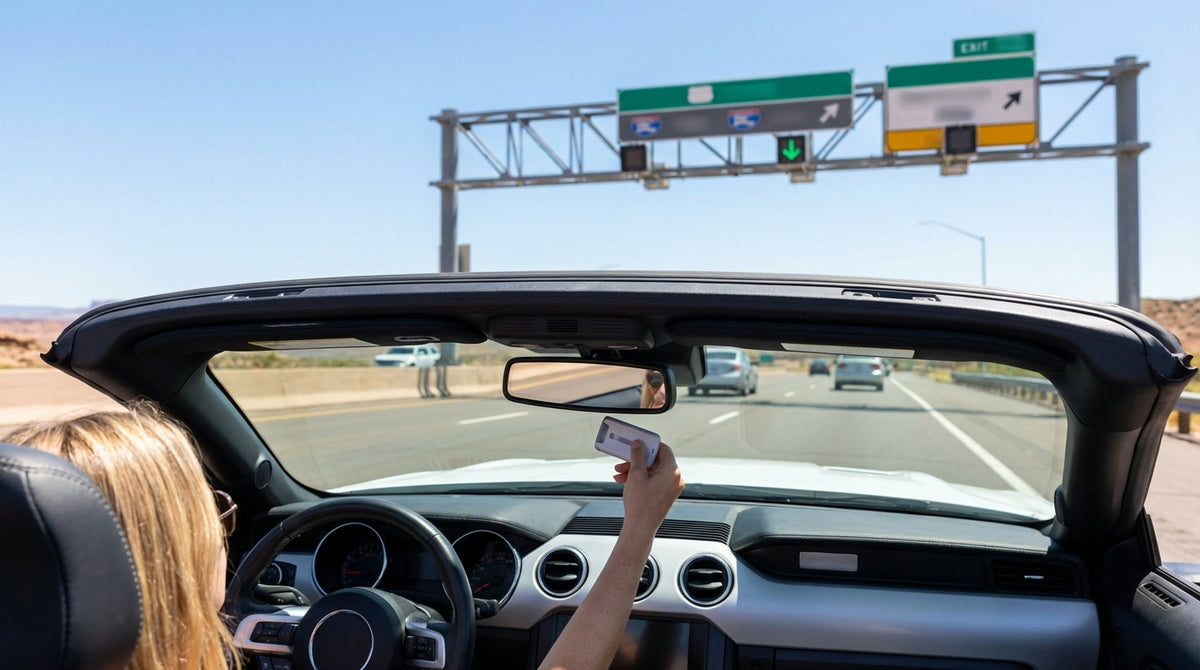 A silver car hire drives under an electronic toll sign on a sunny palm-lined expressway in Florida