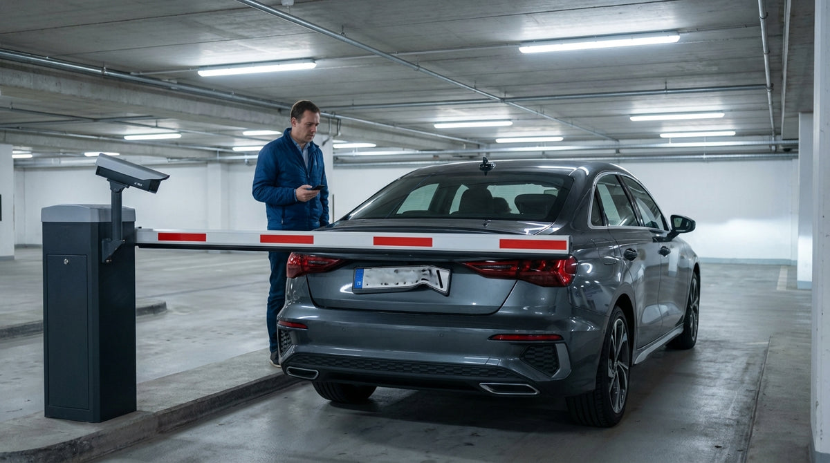 A car hire vehicle with a damaged Pennsylvania license plate stopped at an automated parking barrier