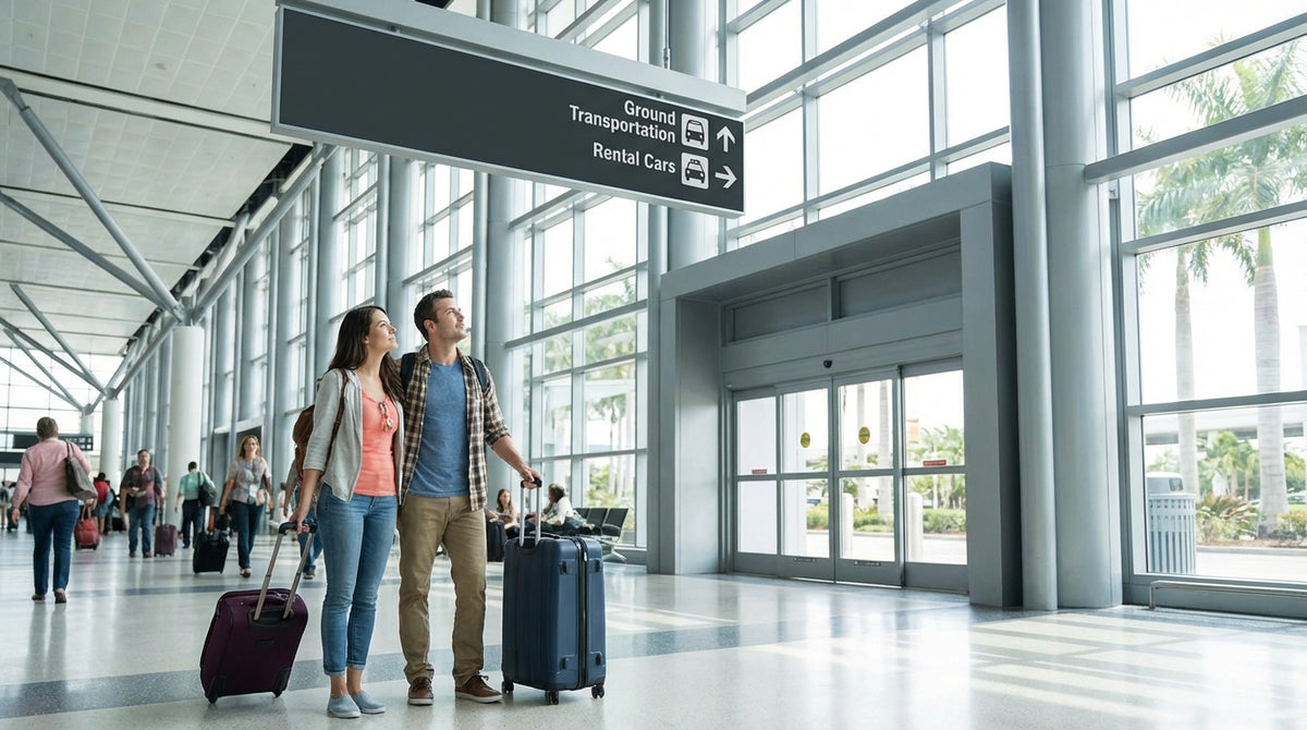 Travelers with luggage wait by the curb for a car rental shuttle bus at LAX in Los Angeles