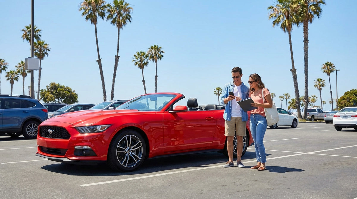 A convertible car rental drives down a sunny, winding coastal highway in California overlooking the ocean