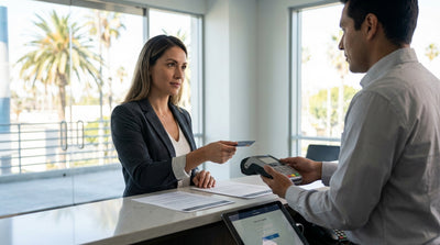 A person driving a convertible car rental down a sunny, palm-lined street in Los Angeles