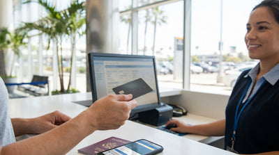 A person holding keys in front of their new car hire at a rental lot in sunny California