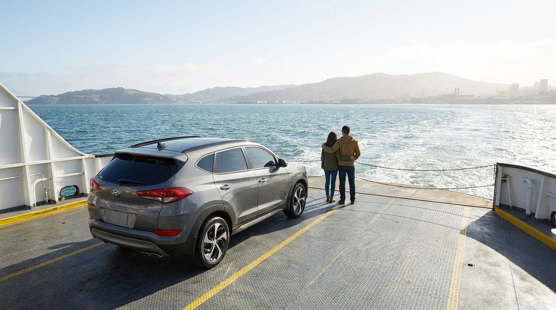 A car hire vehicle on a ferry crossing San Francisco Bay with the Golden Gate Bridge in the distance