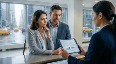 A car rental drives through bustling New York City traffic, with yellow taxi cabs and tall buildings in view