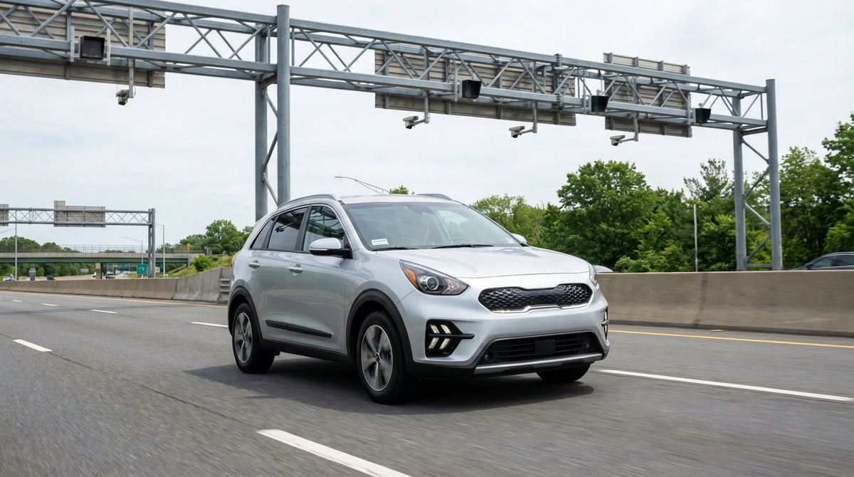 A car rental drives on a highway in New York, approaching an electronic E-ZPass toll gantry under a sunny sky