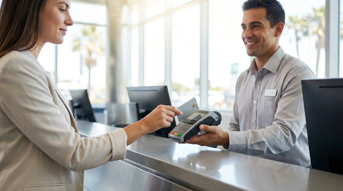 A person hands a debit card to an agent at a sunny Los Angeles car hire desk to pick up their vehicle