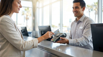 A person hands a debit card to an agent at a sunny Los Angeles car hire desk to pick up their vehicle