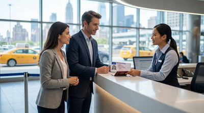 A car hire driving across the Brooklyn Bridge towards the New York City skyline on a sunny day
