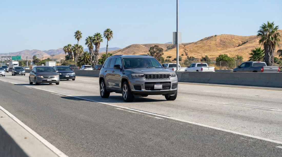 A multi-lane Los Angeles freeway busy with cars on a sunny day, a common view for a driver with a car hire