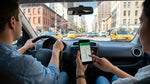 A person using a phone for GPS navigation inside a car rental with the New York City skyline visible through the window