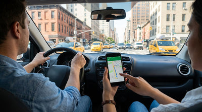 A person using a phone for GPS navigation inside a car rental with the New York City skyline visible through the window