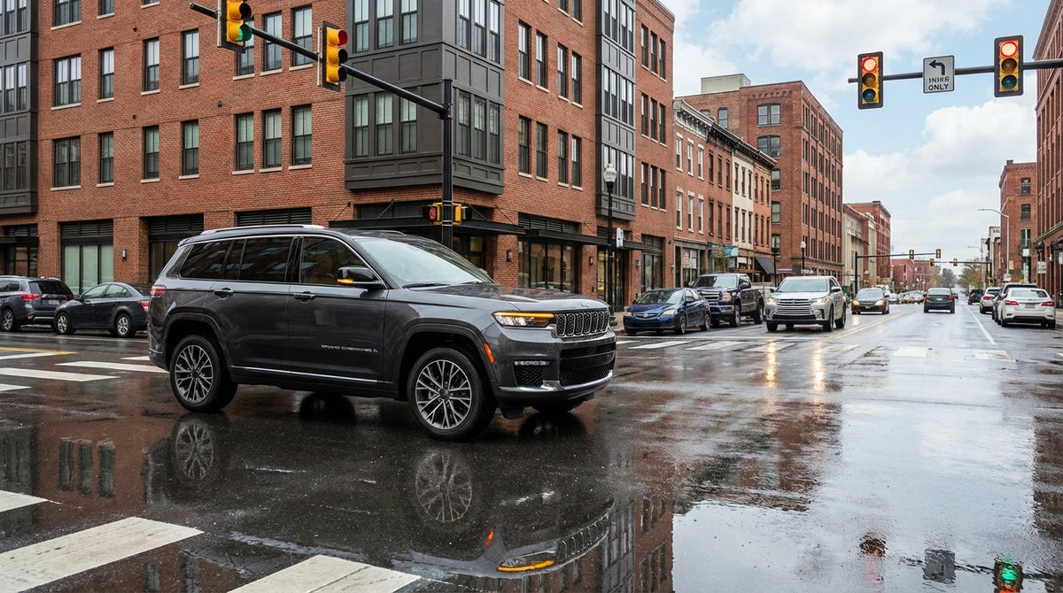 A car hire navigates a busy intersection with traffic lights on a street in Pittsburgh, Pennsylvania