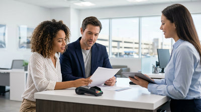 A red convertible car hire driving along an open scenic highway in the United States