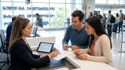 A car rental driving on a scenic road through the colorful autumn forests of Pennsylvania