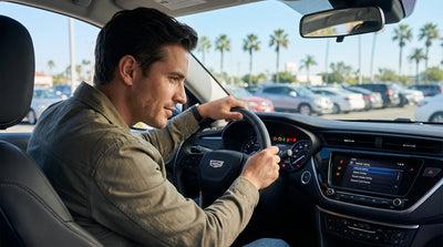 A person's hands on the steering wheel of a US car hire, checking the illuminated dashboard before driving