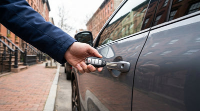 A person holds a key fob while standing by the door of their car rental on a street in New York