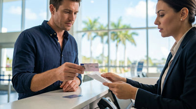 A convertible car hire driving down a scenic coastal road lined with palm trees in Florida