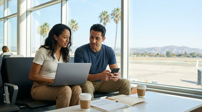 Woman standing next to a white car hire parked on a sunny coastal road in California