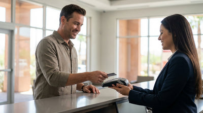 A red convertible car hire driving down the famous Las Vegas Strip at dusk