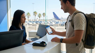 A white convertible car rental driving down a scenic highway lined with palm trees under a sunny blue sky in Florida