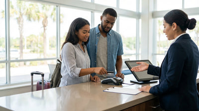 A modern car hire drives down a sunny road lined with palm trees in Orlando