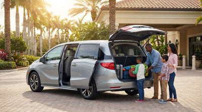 A large 7-seater car hire SUV drives over a bridge on a sunny day in the Florida Keys