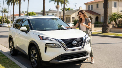 A parking ticket on the windshield of a car rental on a sunny, palm-lined Los Angeles street