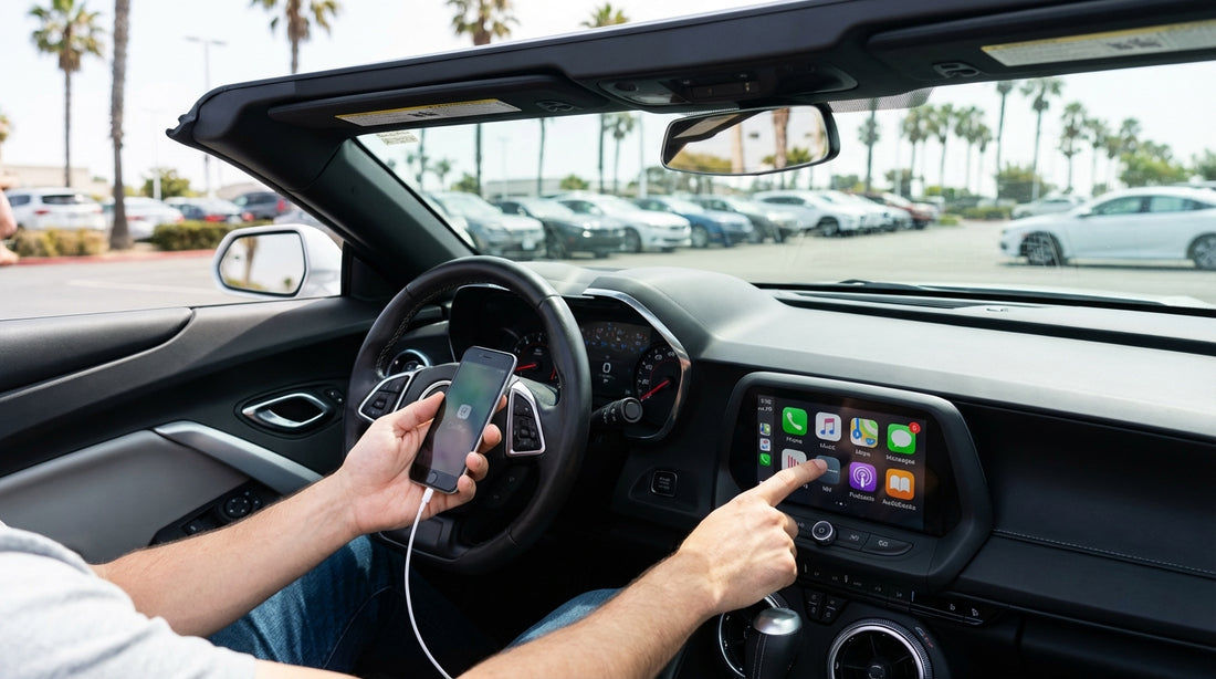 A driver connects a phone to the dashboard of a car rental on a sunny day in California
