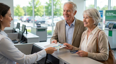 A senior couple smiles beside their car rental on a scenic road with rolling hills in autumn in Pennsylvania