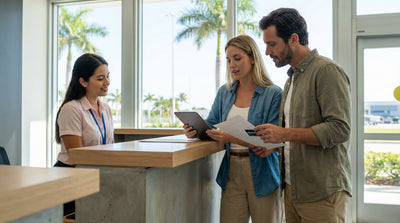 A sleek modern car rental parked on a sunny street in Miami with palm trees and art deco buildings