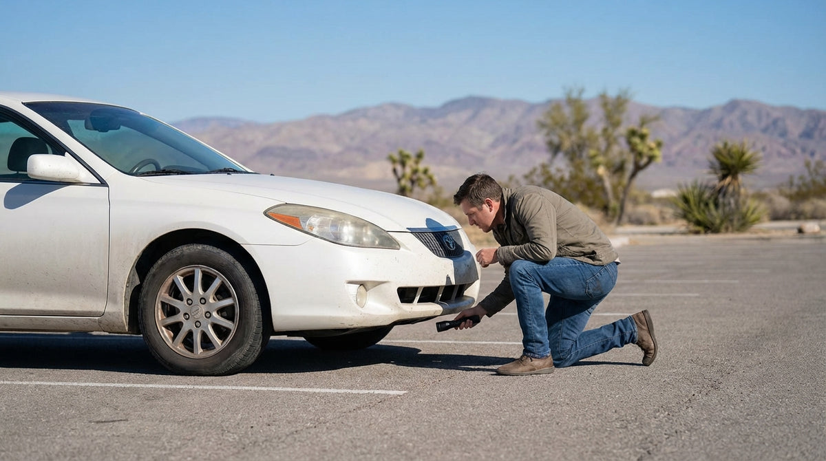 A driver inspects the underbody of their car rental on the shoulder of a desert highway near Las Vegas