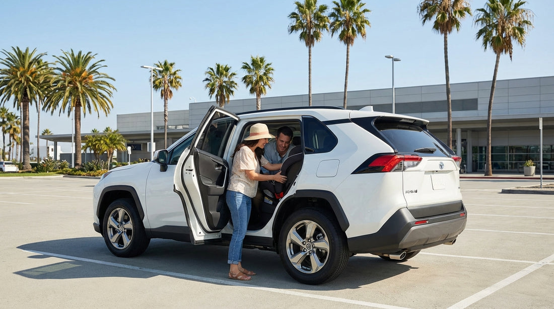 A parent installs a child safety seat in the back of their Orlando car hire in a sunny parking lot