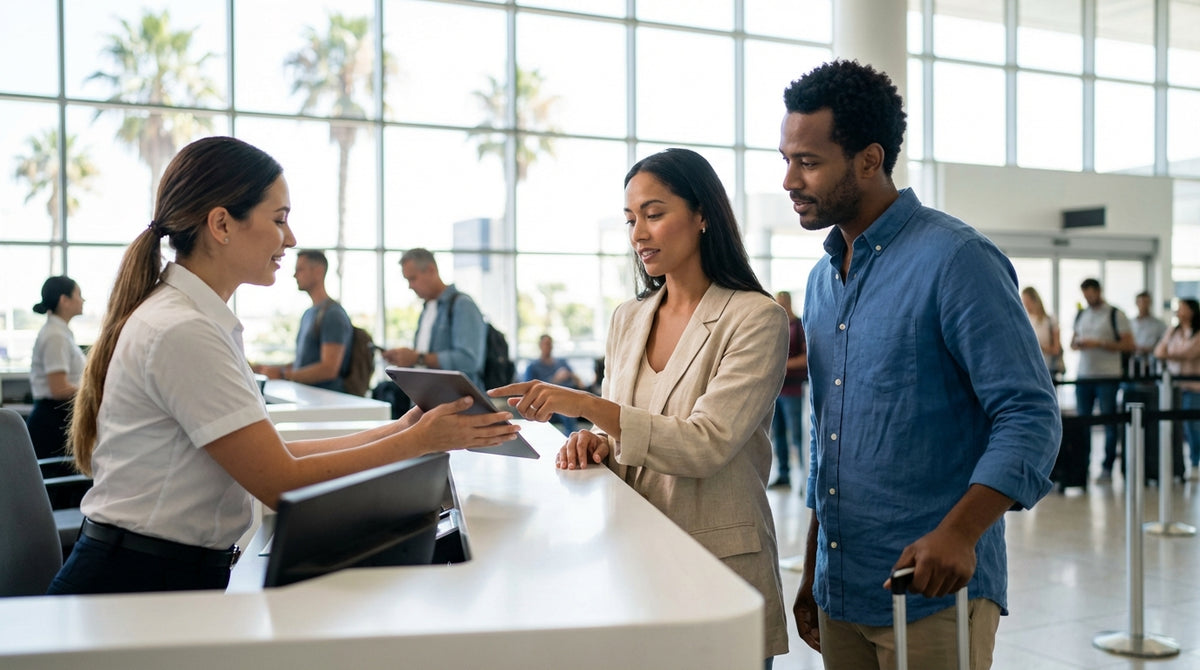 A car rental shuttle bus waits for passengers outside a busy terminal at LAX in Los Angeles