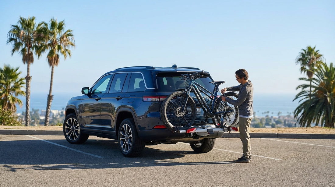 A car hire SUV on a sunny Los Angeles street with a bike rack and bicycles covering the number plate