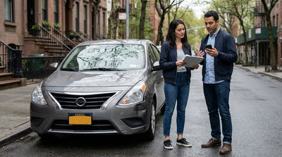 A driver inspects minor damage on their car hire vehicle on a busy street in New York after a fender bender