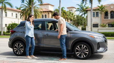 A convertible car rental driving down a sunny, palm-lined street in Miami