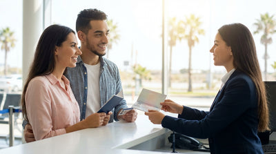 A convertible car hire drives on a winding road along the sunny California coast
